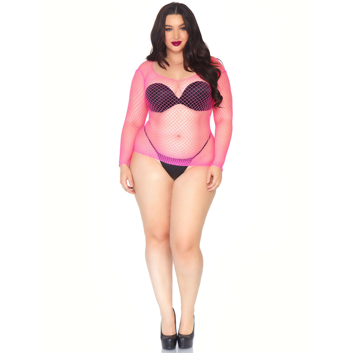 Front view of neon pink long sleeve industrial net top in plus size - Golddiggers Boutique