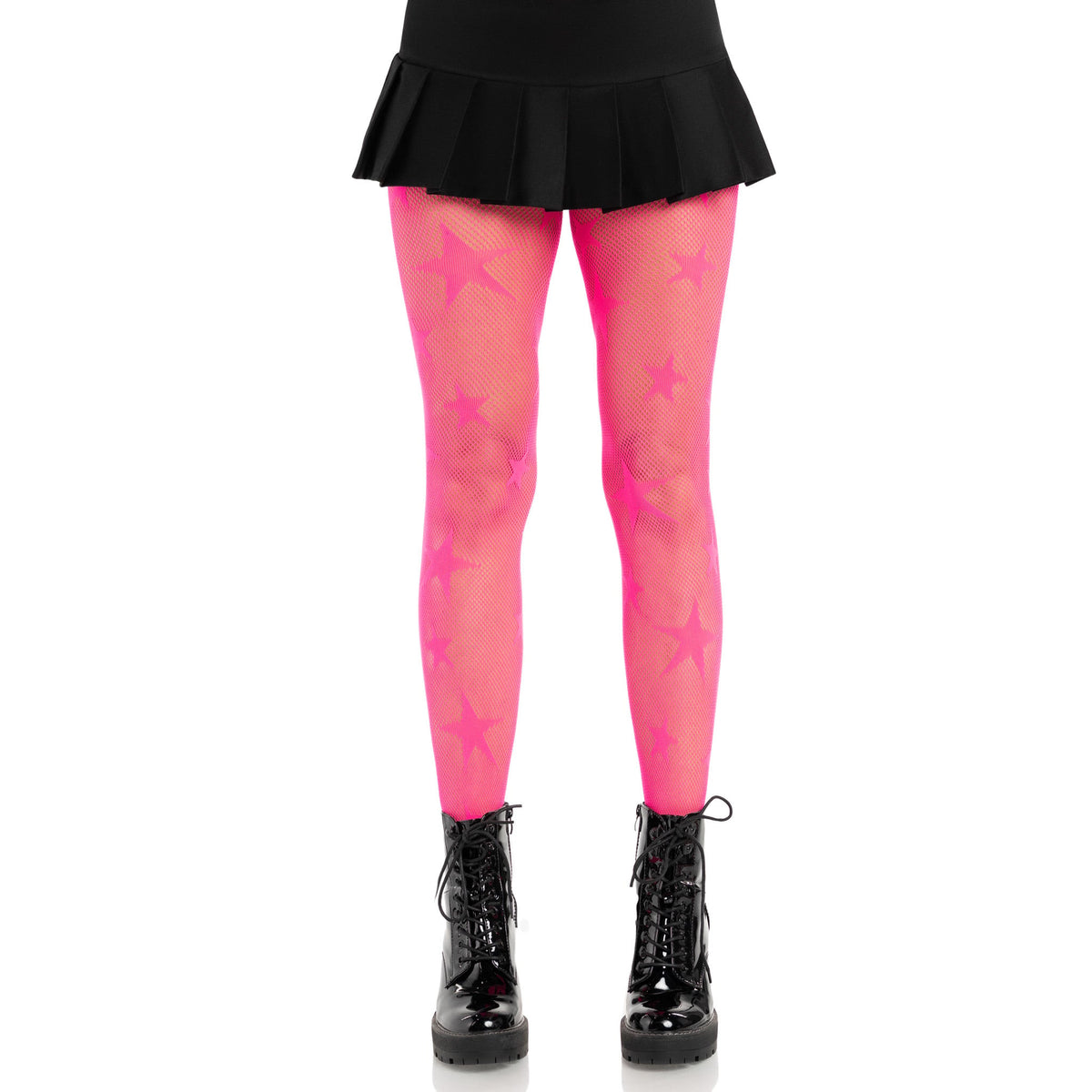 Front view of neon pink star net tights - Golddiggers Boutique