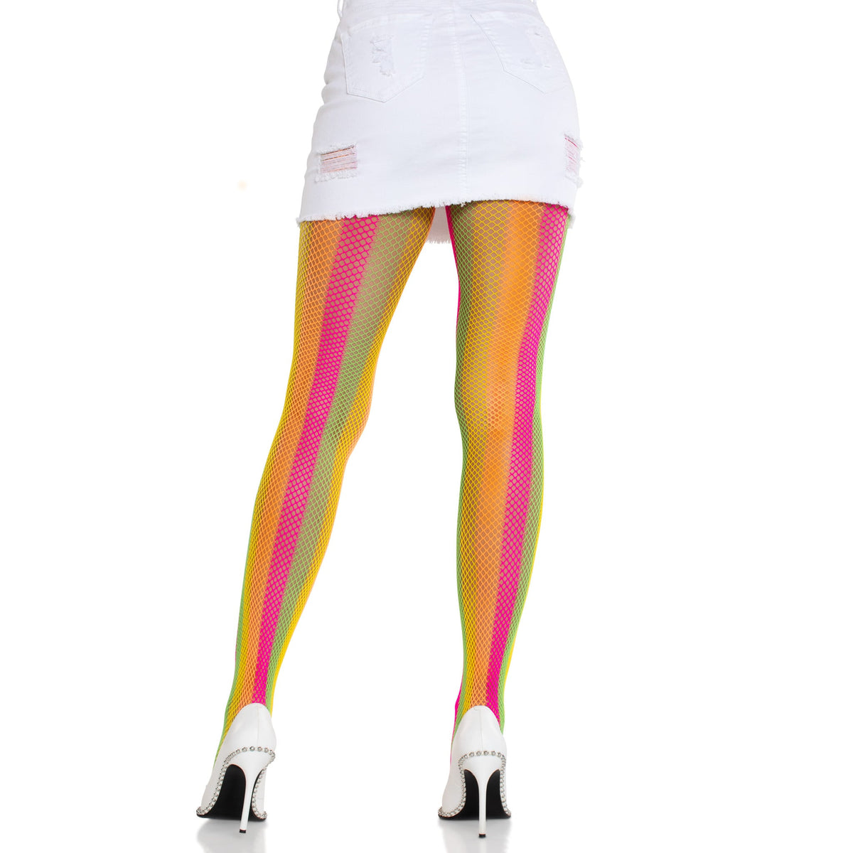 Back view of neon rainbow striped tights - Golddiggers Boutique