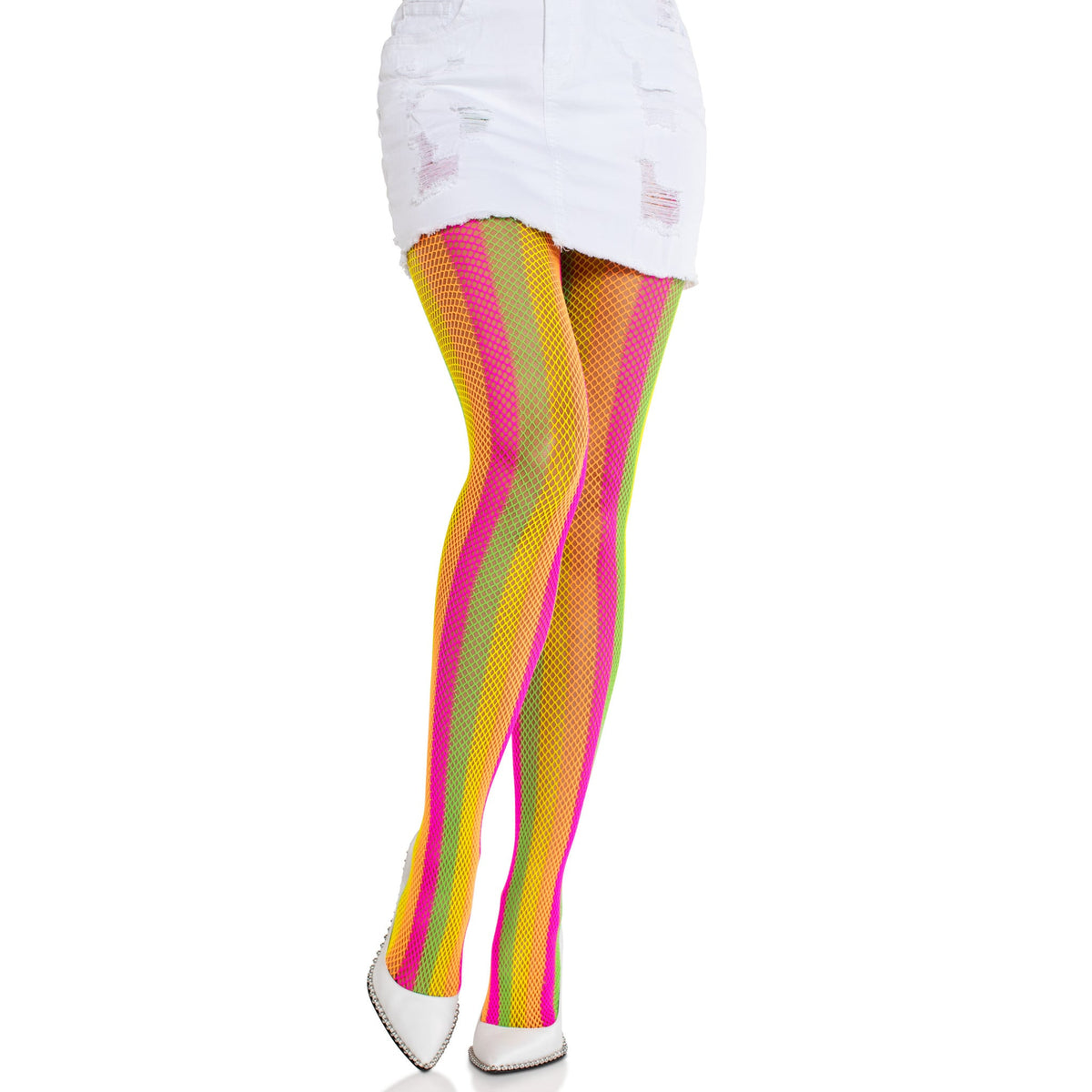 Front view of neon rainbow striped tights - Golddiggers Boutique