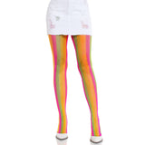 Front view of neon rainbow striped tights - Golddiggers Boutique