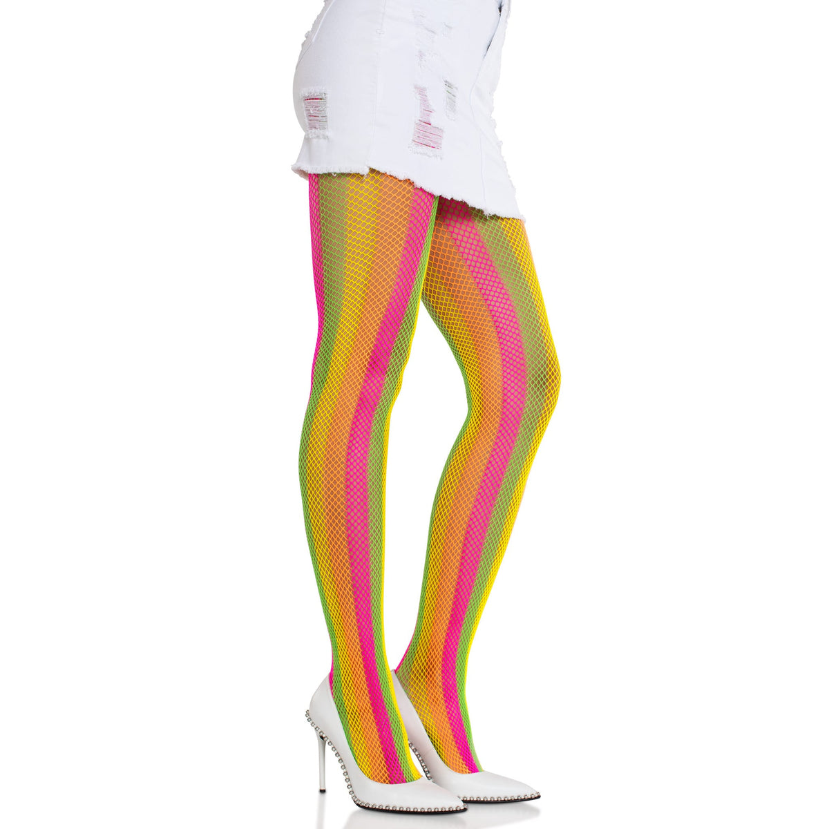 Side view of neon rainbow striped tights - Golddiggers Boutique