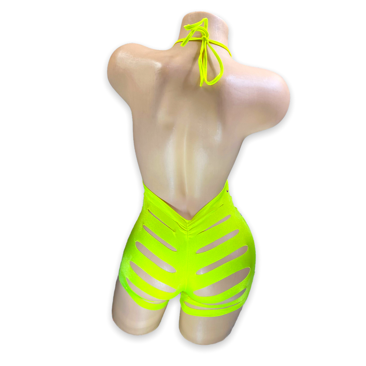 Neon Yellow Ava rhinestone ladder cutout romper, back view with scrunch seat and slashed shorts