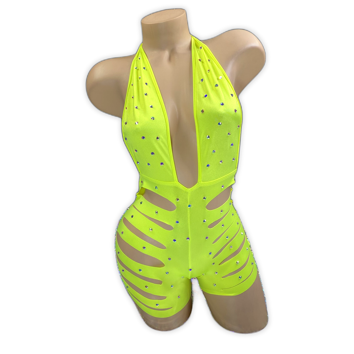 Neon Yellow Ava rhinestone ladder cutout romper, angled front view