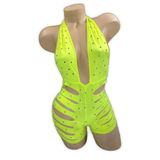 Neon Yellow Ava rhinestone ladder cutout romper, angled front view