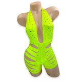 Neon Yellow Ava rhinestone ladder cutout romper, front view on mannequin