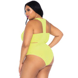 Close-up back view of neon yellow Kiara plus size bandeau and suspender bodysuit - Golddiggers Boutique