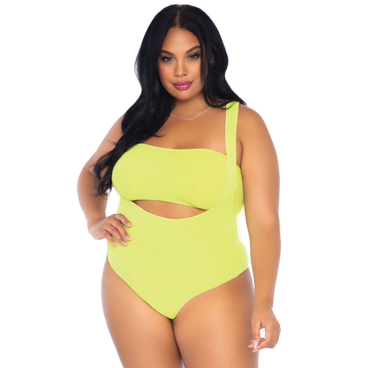 Close-up front view of neon yellow Kiara plus size bandeau and suspender bodysuit - Golddiggers Boutique