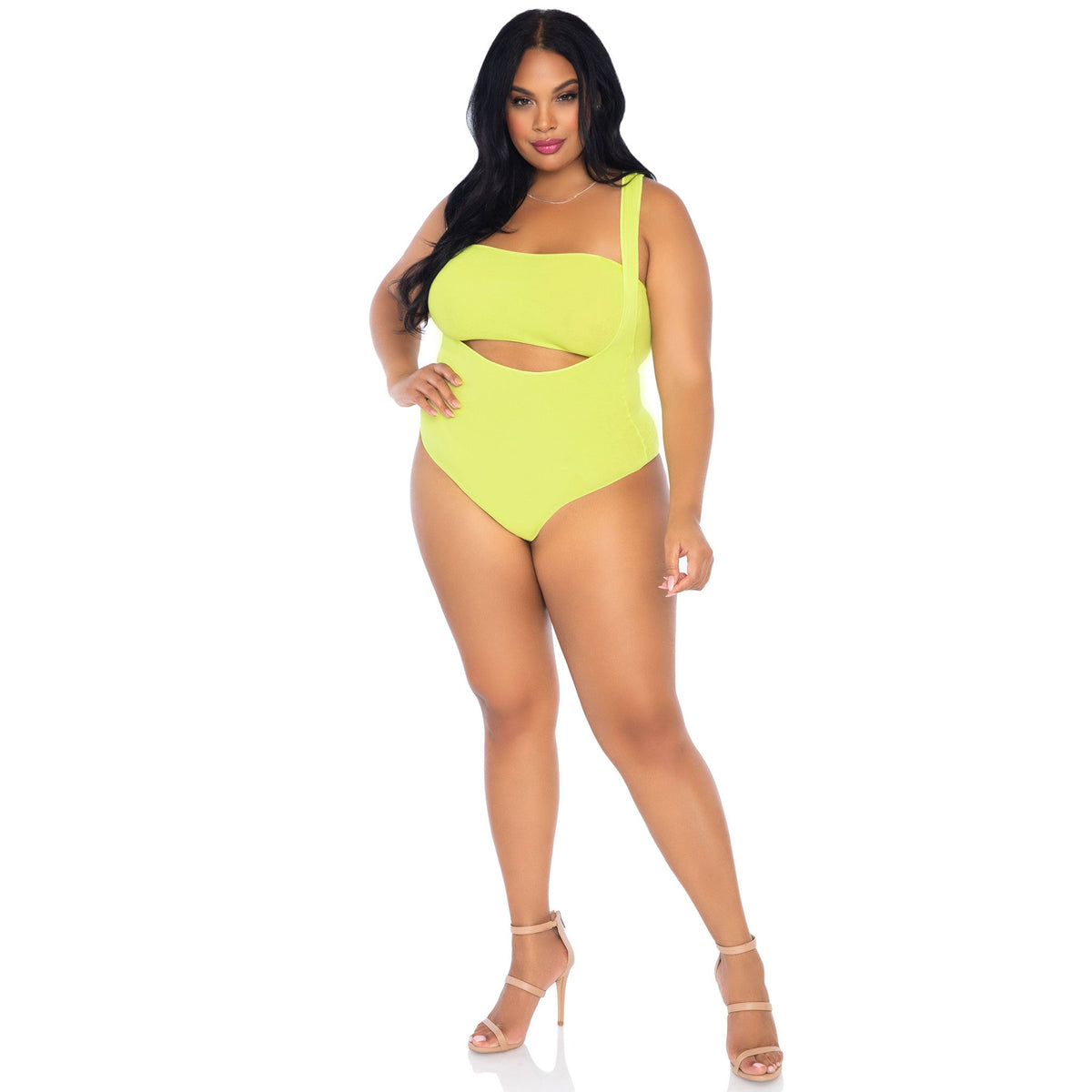 Front view of neon yellow Kiara plus size bandeau and suspender bodysuit - Golddiggers Boutique