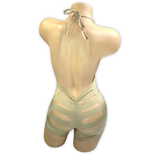 Nude Ava rhinestone ladder cutout romper, back view with scrunch seat and slashed shorts