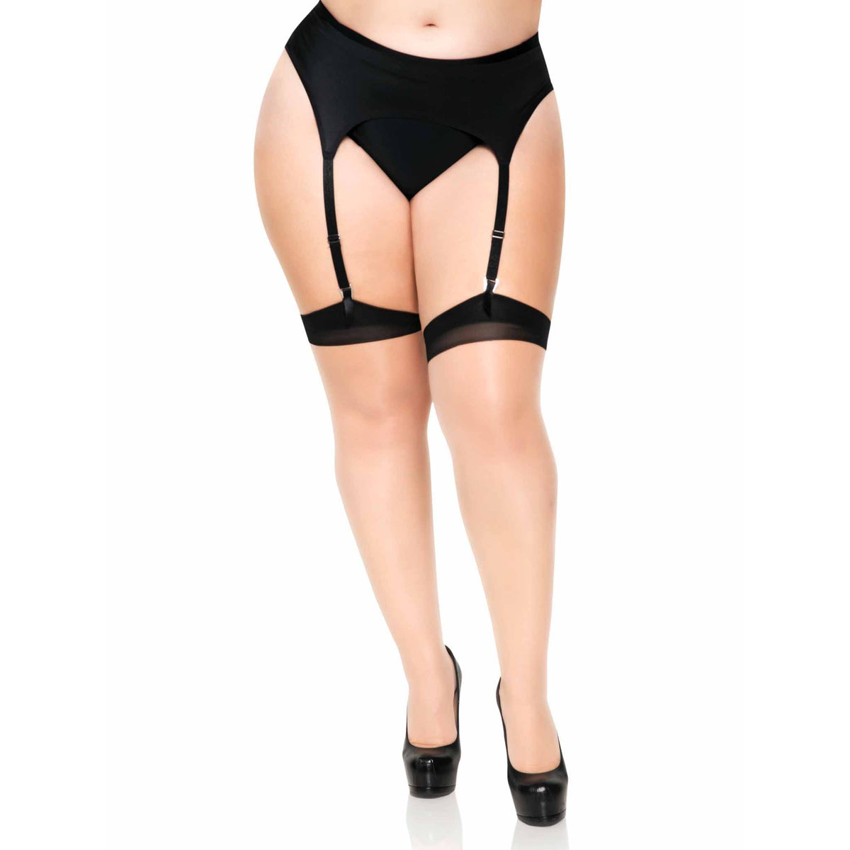 Front view of nude & black plus size cuban heel backseam stockings - Golddiggers Boutique