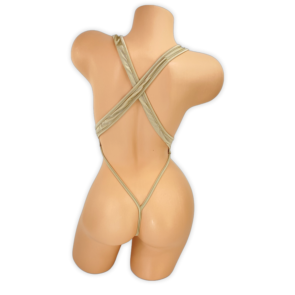 Nude Paige rhinestone slingshot bodysuit, back view showing criss-cross straps and thong back