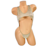 Nude Paige rhinestone cutout slingshot bodysuit, front view on mannequin