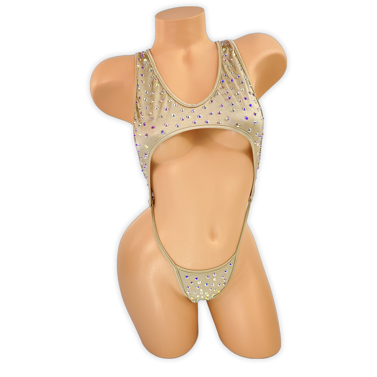 Nude Paige rhinestone cutout slingshot bodysuit, front view on mannequin