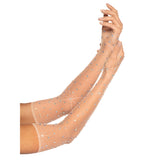 Close-up front view of nude rhinestone fishnet opera gloves - Golddiggers Boutique