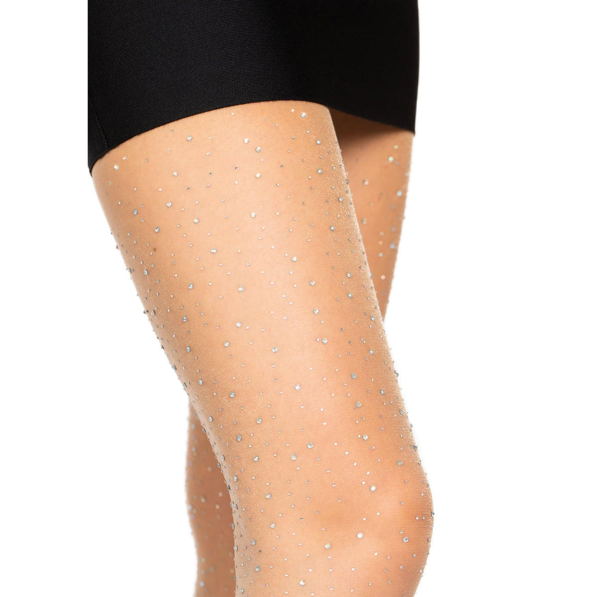 Close-up side view of nude sheer rhinestone tights - Golddiggers Boutique