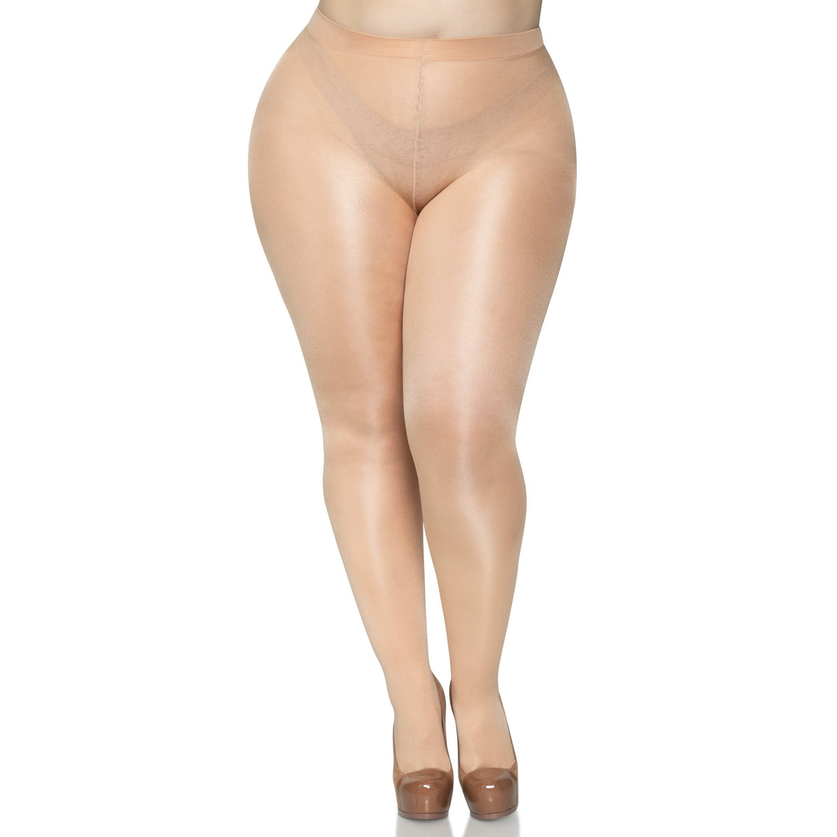 Front view of nude sheer to waist tights with cotton crotch in plus size - Golddiggers Boutique