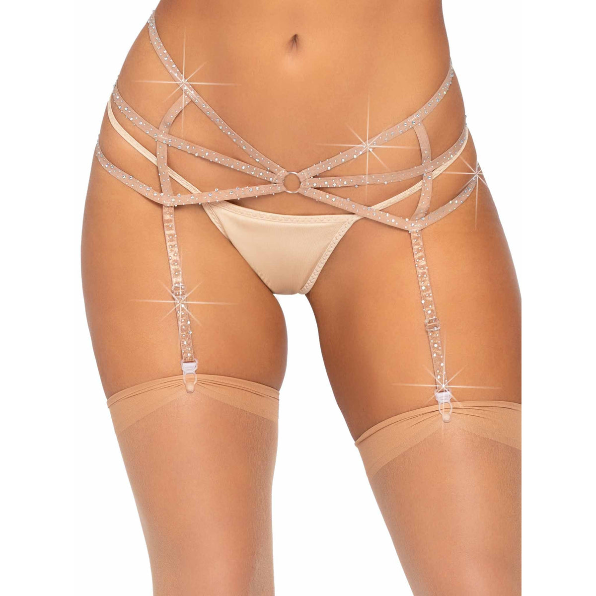 Close-up front view of nude strappy rhinestone garter belt with o-rings - Golddiggers Boutique