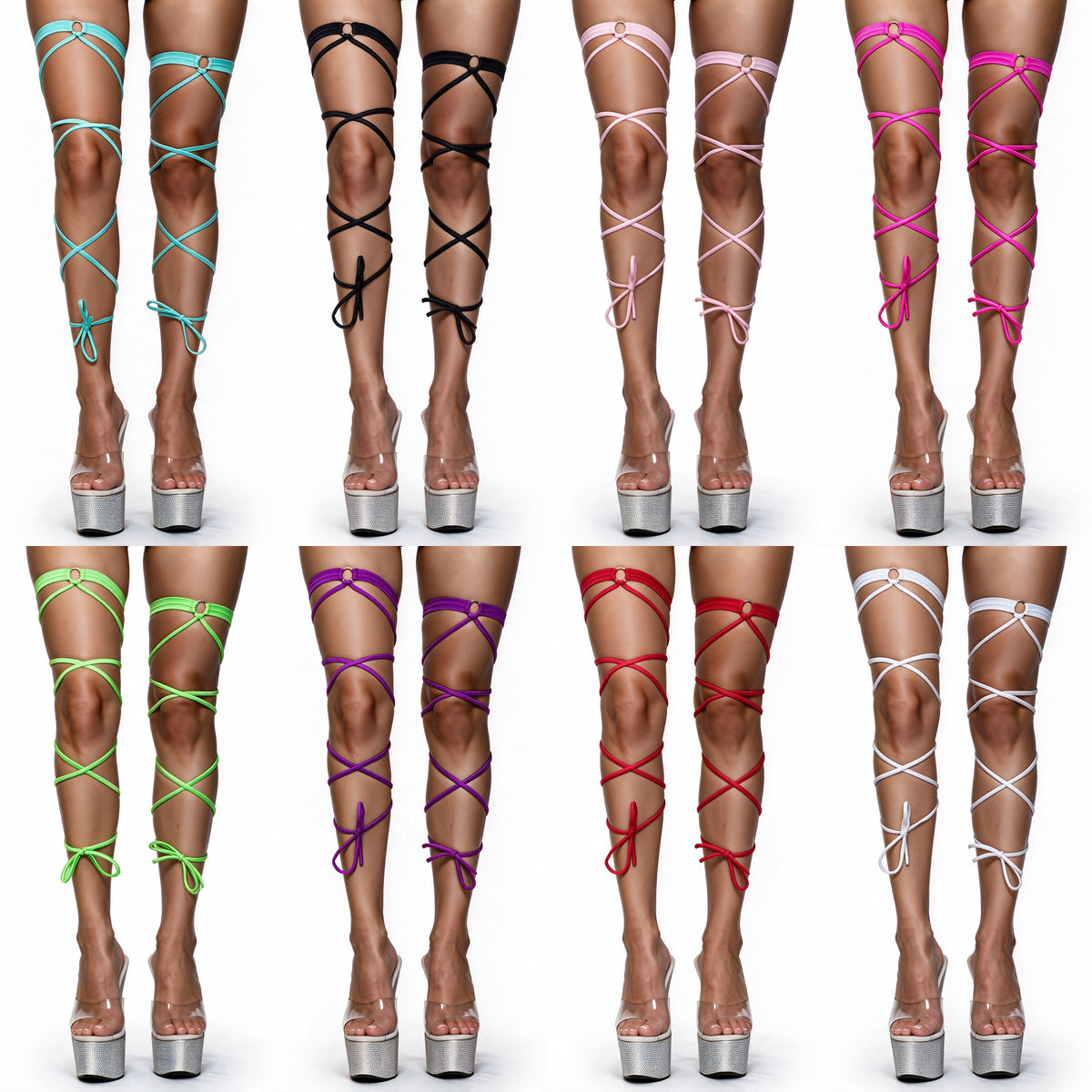 O-ring leg wraps with tip garter in all 8 colors, worn with clear rhinestone platform heels, Golddiggers Boutique