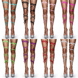 O-ring leg wraps with tip garter in all 8 colors, worn with clear rhinestone platform heels, Golddiggers Boutique