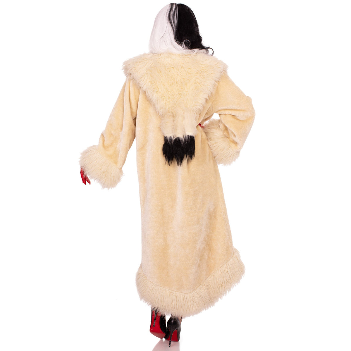 Back view of off white faux fur villainess coat with tail shawl collar - Golddiggers Boutique