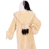 Close-up back view of off white faux fur villainess coat with tail shawl collar - Golddiggers Boutique