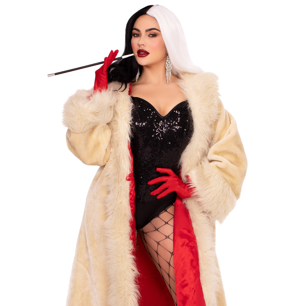 Close-up front view of off white faux fur villainess coat with tail shawl collar - Golddiggers Boutique
