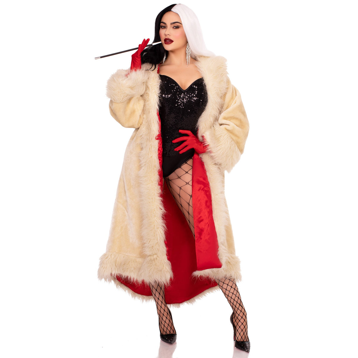 Front view of off white faux fur villainess coat with tail shawl collar - Golddiggers Boutique
