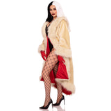 Side view of off white faux fur villainess coat with tail shawl collar - Golddiggers Boutique