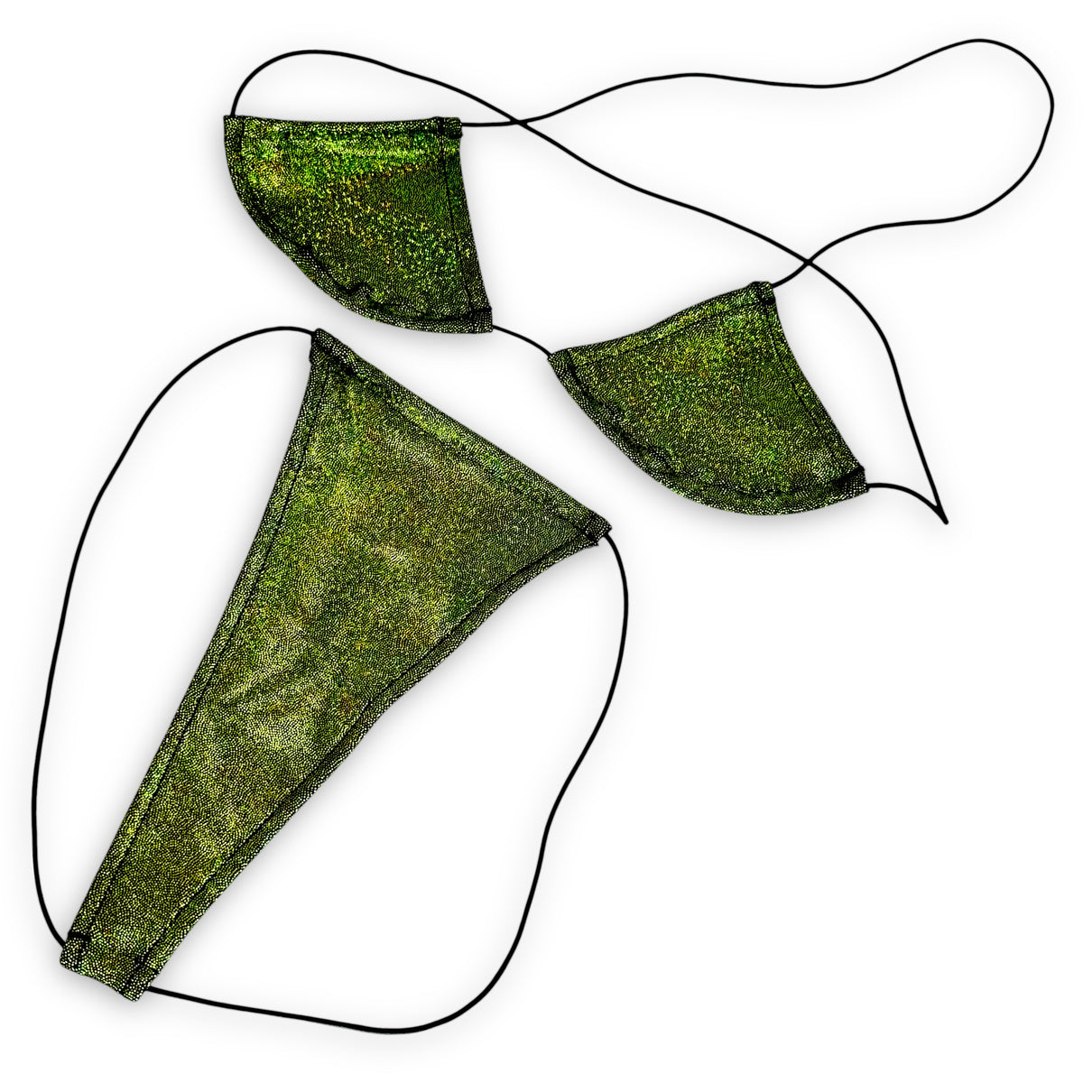 Olive Green Holo micro 'kini, flat lay of triangle top and g-string thong on black strings, Golddiggers Boutique