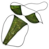 Olive Green Holo micro 'kini, flat lay of triangle top and g-string thong on black strings, Golddiggers Boutique