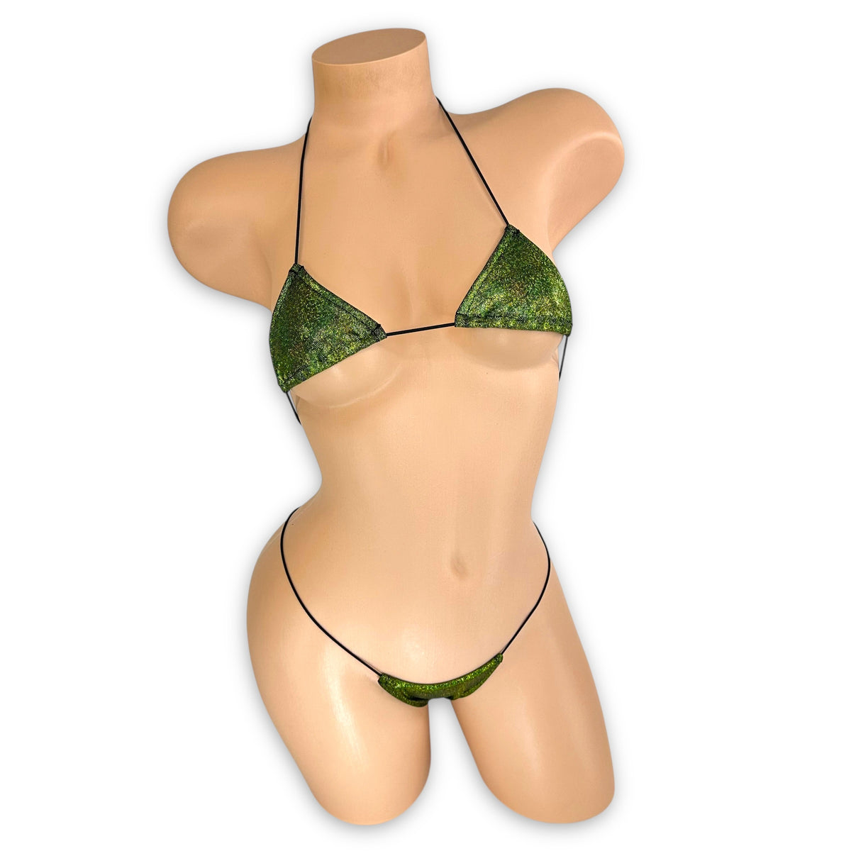 Olive Green Holo micro 'kini, front view on mannequin