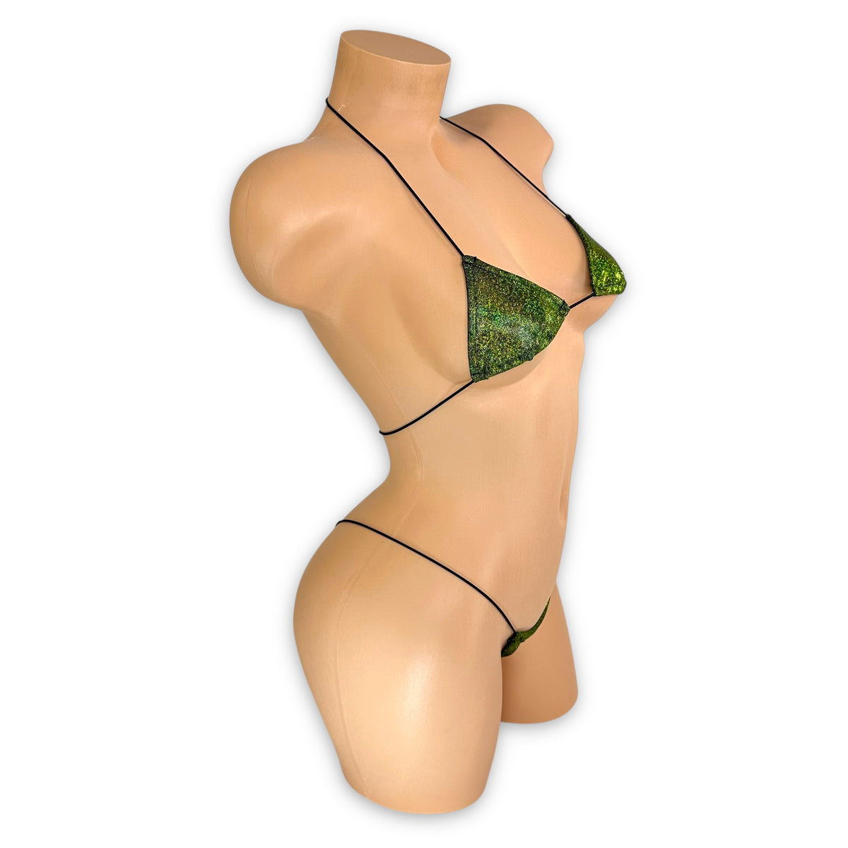 Olive Green Holo micro 'kini, side view on mannequin