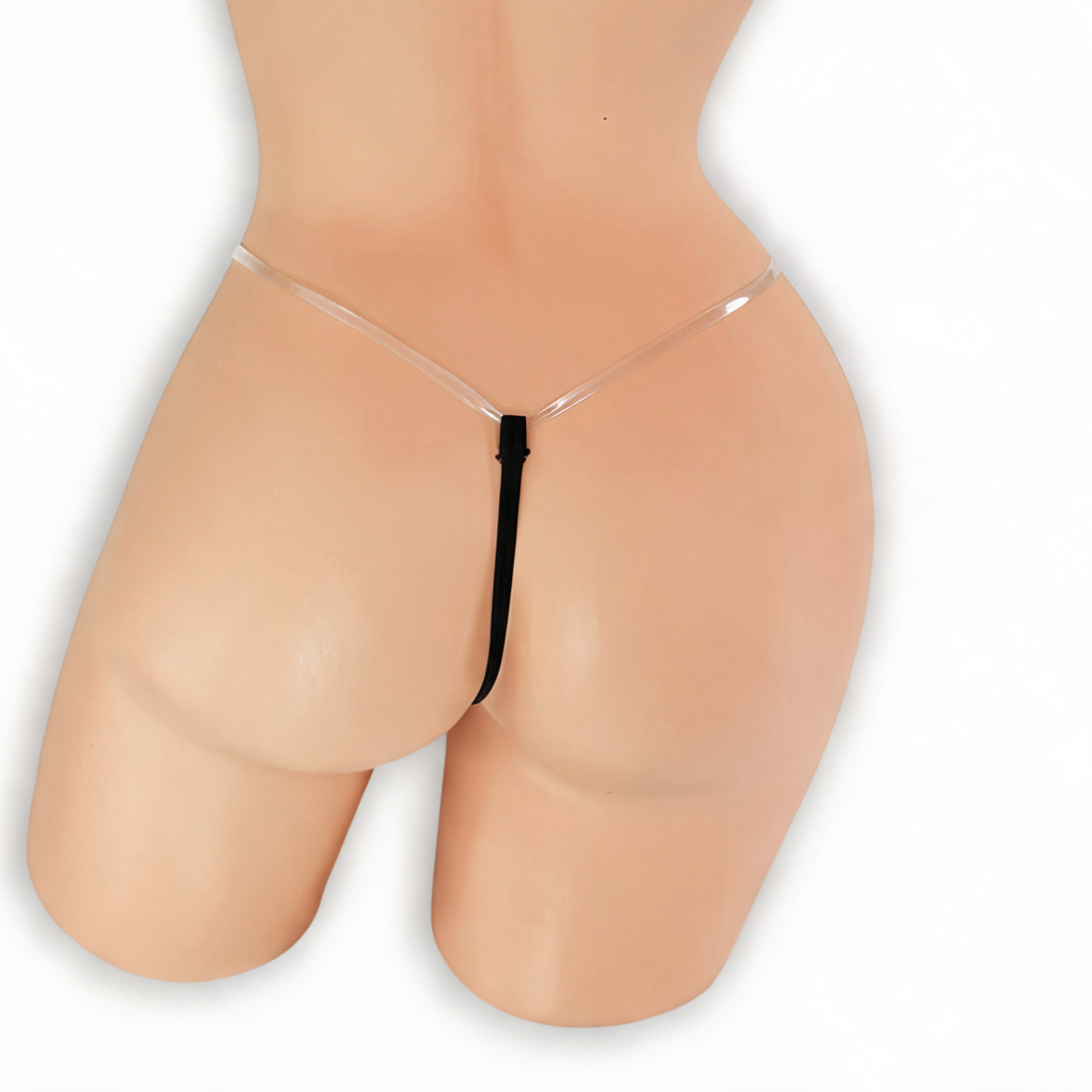 Onyx black clear strap g-string on mannequin, back view, Golddiggers Boutique