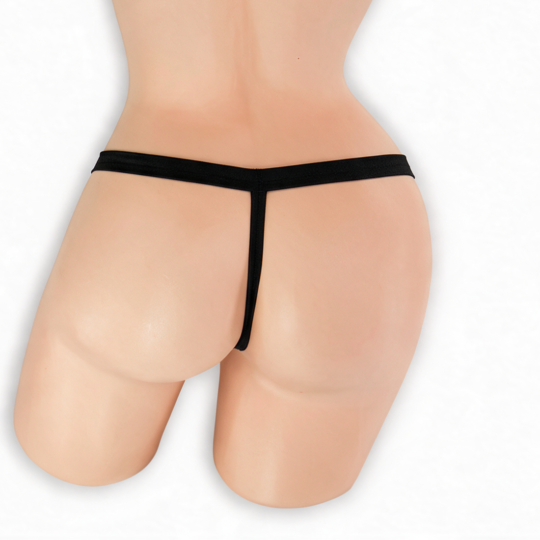 Onyx black comfort strap t-back thong on mannequin, back view, Golddiggers Boutique