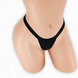 Onyx black comfort strap t-back thong on mannequin, front view, Golddiggers Boutique