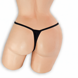 Onyx black covered strap t-back thong on mannequin, back view, Golddiggers Boutique