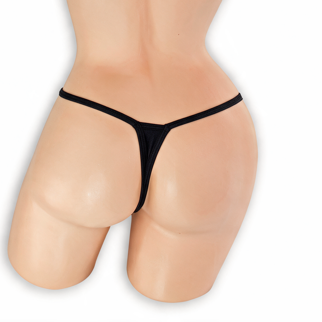 Onyx black covered strap t-back thong on mannequin, back view, Golddiggers Boutique