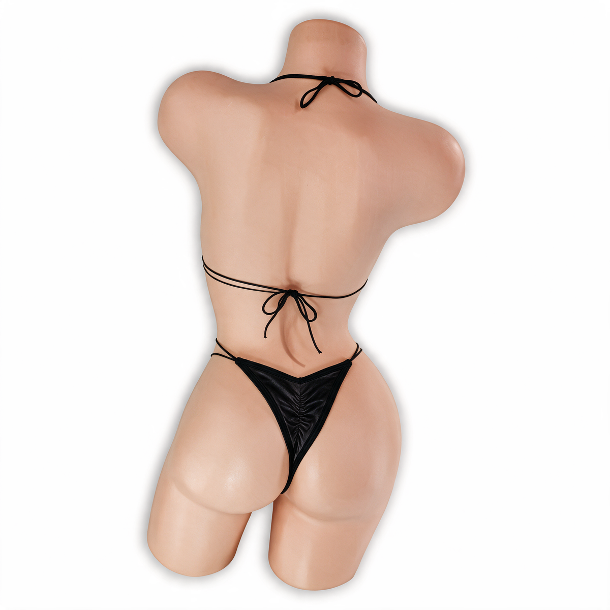 Onyx Black Dakota Criss Cross Slingshot Bodysuit back view on mannequin, bow tie back and scrunch thong