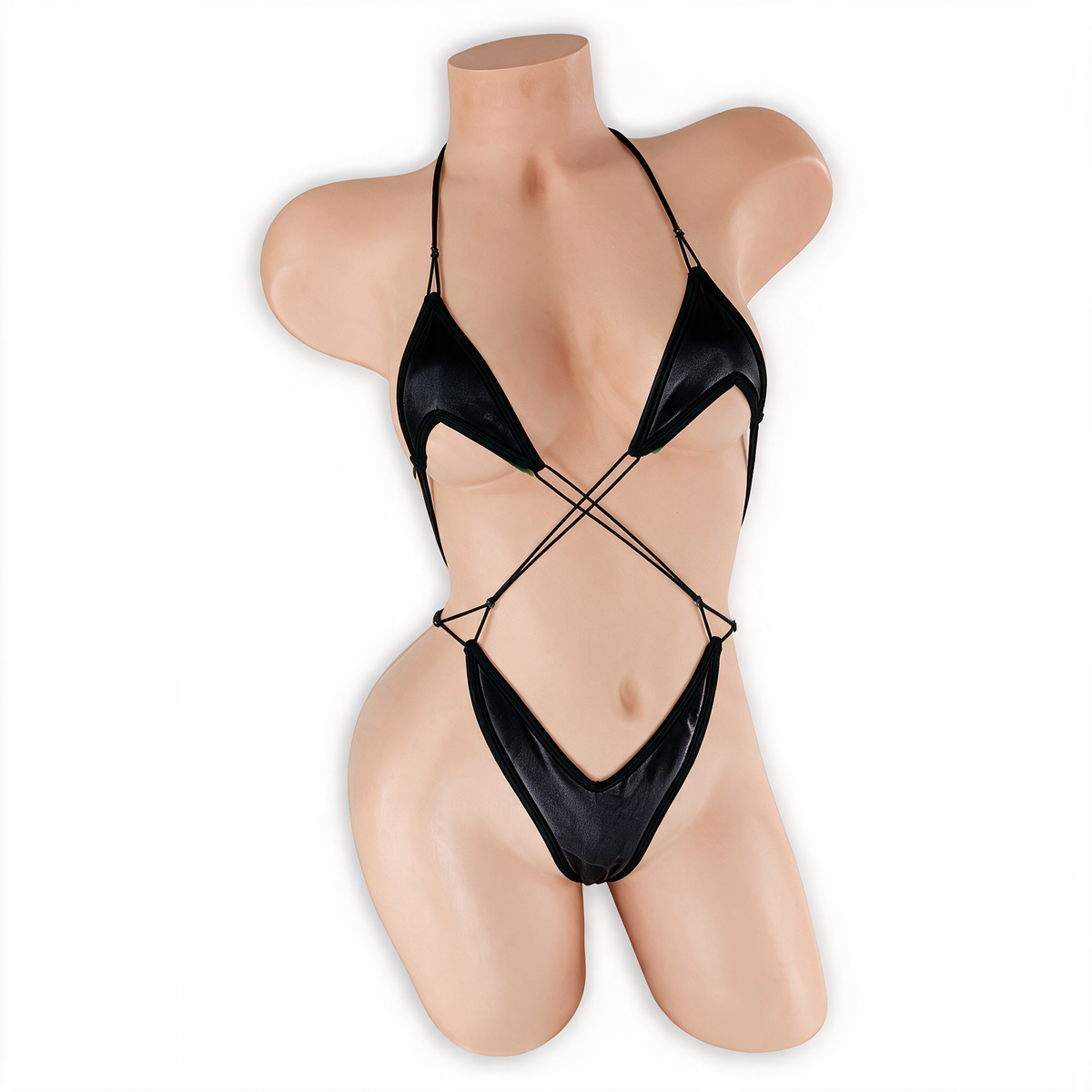 Onyx Black Dakota Criss Cross Slingshot Bodysuit front view on mannequin, black trim and criss cross strings
