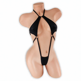 Onyx black Desiree double O-ring halter bodysuit, front, Golddiggers Boutique