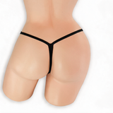 Onyx black double clip low rise v-back thong on mannequin, back view, Golddiggers Boutique