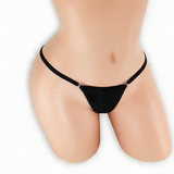 Onyx black double clip low rise v-back thong on mannequin, front view, Golddiggers Boutique
