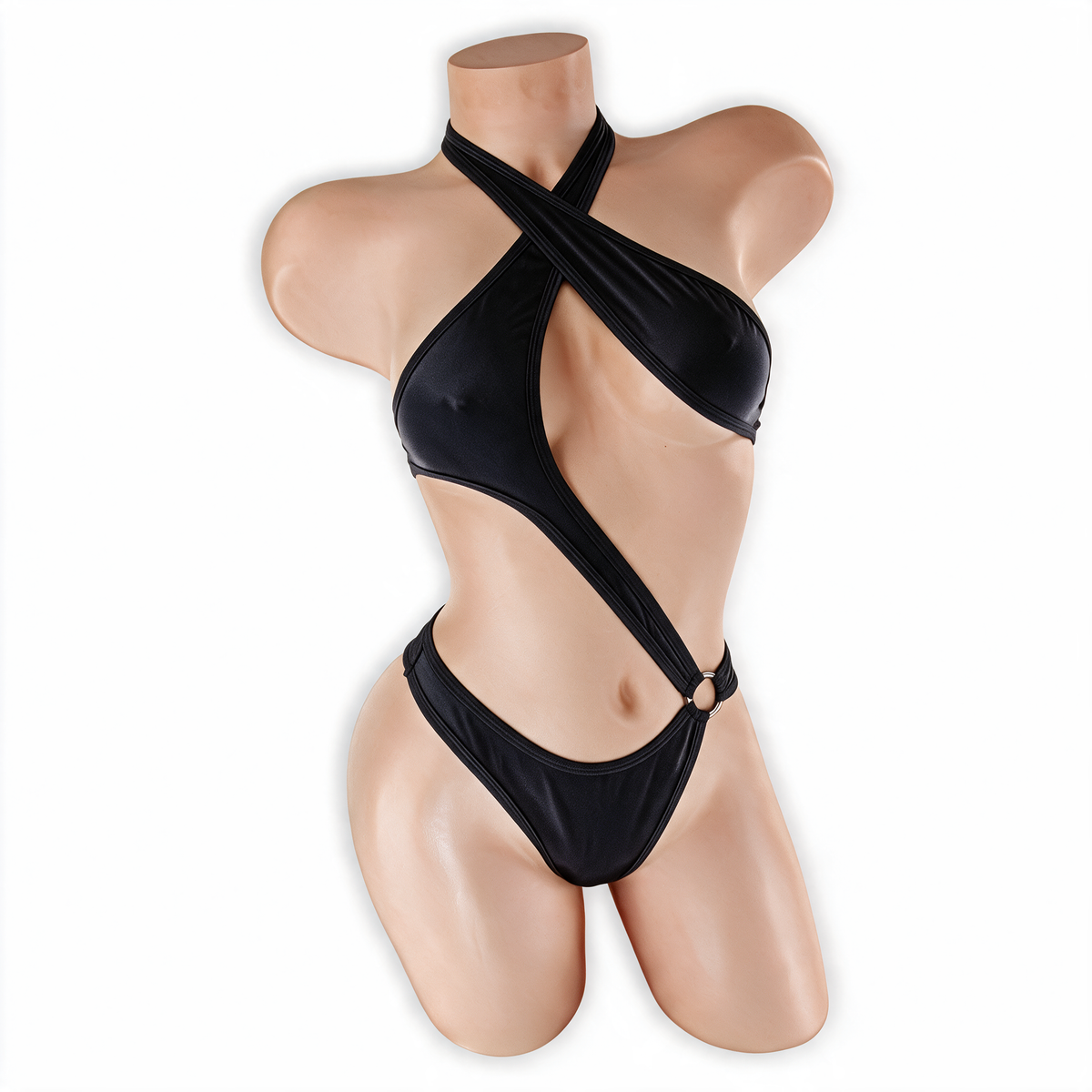 Onyx black Esmeralda asymmetrical O-ring halter bodysuit, front, Golddiggers Boutique