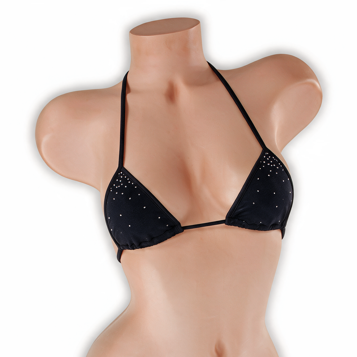 Onyx black fairy dust mini tri top with tiny silver rhinestones on mannequin, front view, Golddiggers Boutique