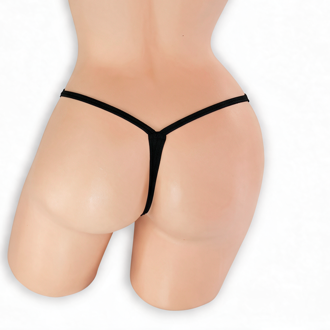 Onyx black fairy dust v-front g-string on mannequin, back view, Golddiggers Boutique