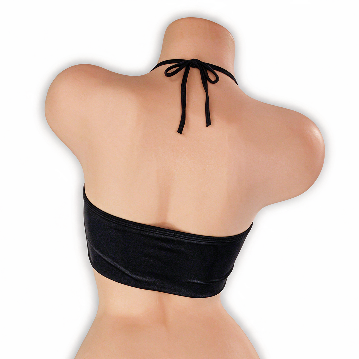 Onyx black flowy o-ring top on mannequin, back view, Golddiggers Boutique