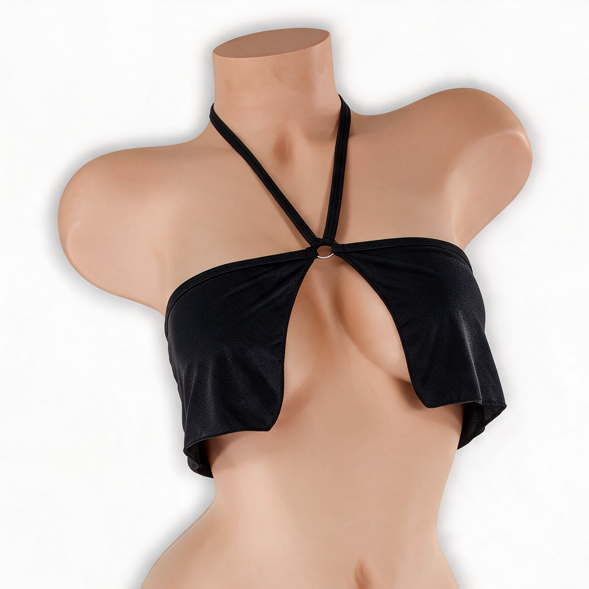 Onyx black flowy o-ring top on mannequin, front view, Golddiggers Boutique