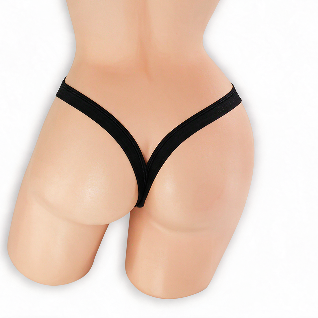 Onyx black heart v-back thong on mannequin, back view, Golddiggers Boutique