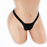Onyx black heart v-back thong on mannequin, front view, Golddiggers Boutique